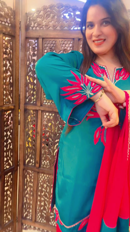 Green Machine Worked Farshi Salwar Suit And Dupatta