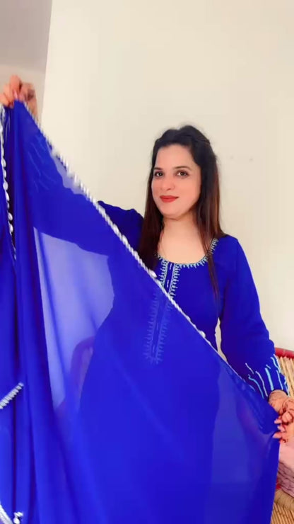 Blue Embroidered Pant Suit and Dupatta Set