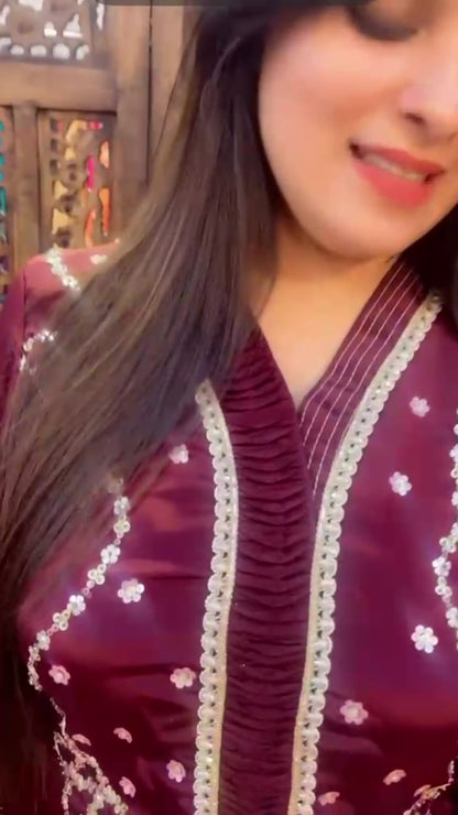 Hand Work Crepe Pakistani Suit In Dark Brown