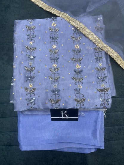 Blue Tissue Fabric Unstitched Suit Salwar With Dupatta (US)