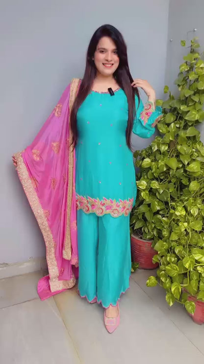 Triple Layered Scalloping Palazzo Kurti And Dupatta Set