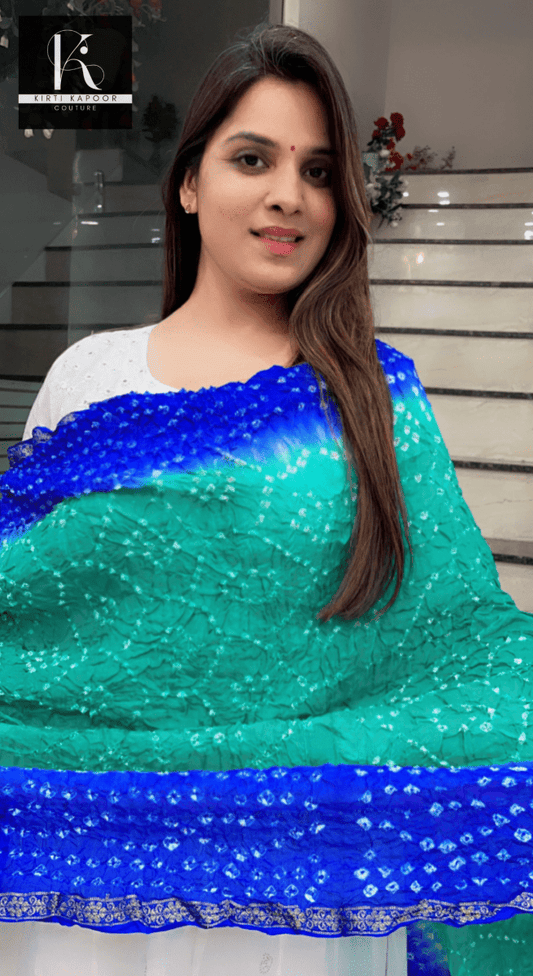 Printed Bandhani Dupatta (Green and Blue Combination) - Kirti Kapoor Couture