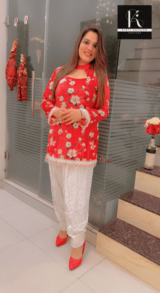Printed Red Velvet Shirt with Straight Salwar - Kirti Kapoor Couture