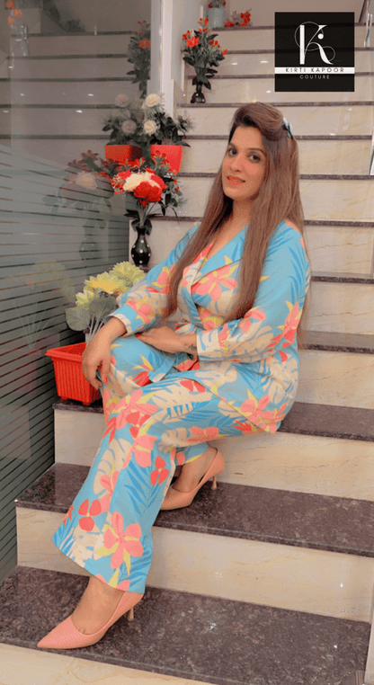 Printed Sky Blue Co - ord Set (Cool Summer Prints) - Kirti Kapoor Couture