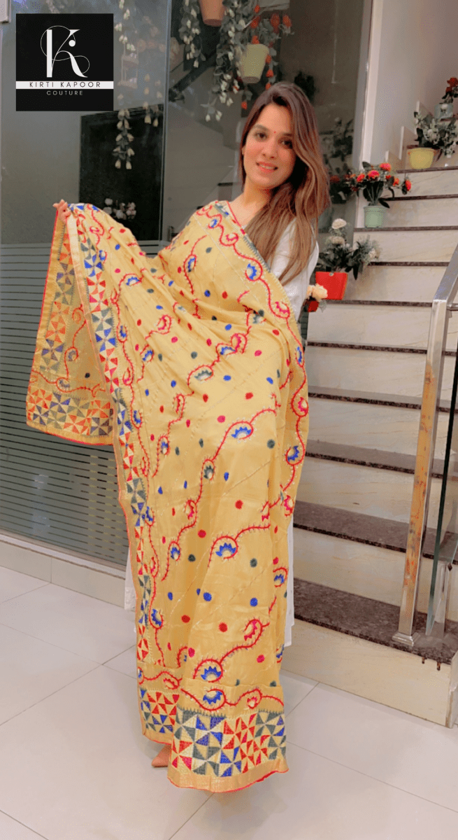 Pure Chiffon Phulkari Dupatta in Beige Color - Kirti Kapoor Couture