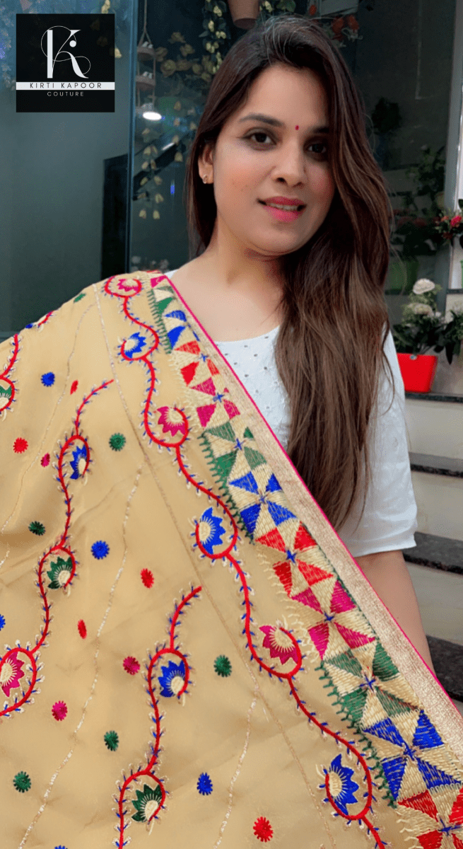 Pure Chiffon Phulkari Dupatta in Beige Color - Kirti Kapoor Couture