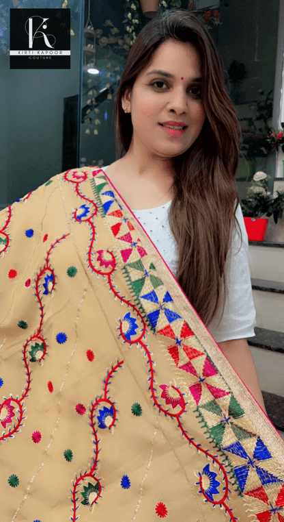 Pure Chiffon Phulkari Dupatta in Beige Color - Kirti Kapoor Couture