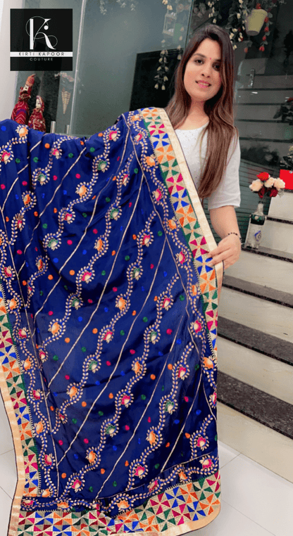 Pure Chiffon Phulkari Dupatta in Dark Blue Color - Kirti Kapoor Couture