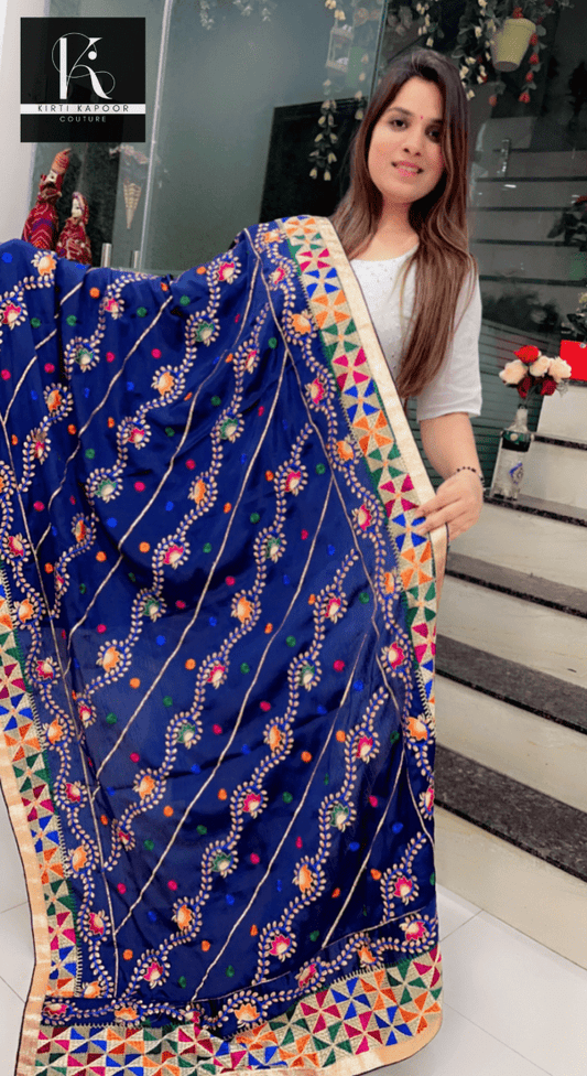 Pure Chiffon Phulkari Dupatta in Dark Blue Color - Kirti Kapoor Couture