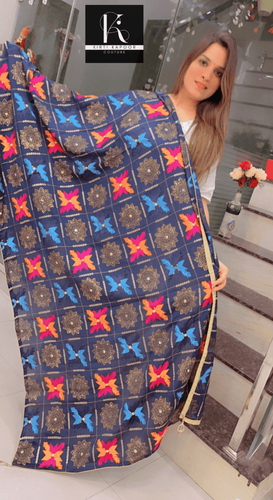 Pure Chiffon Phulkari Dupatta in Navy Blue Color - Kirti Kapoor Couture