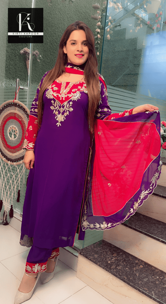 Purple and Magenta Embroidered Suit with worked Dupatta - Kirti Kapoor Couture