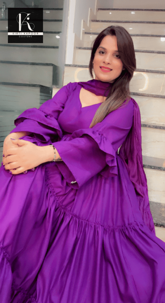 Purple Cotton Frock Suit with Designer Dupatta - Kirti Kapoor Couture
