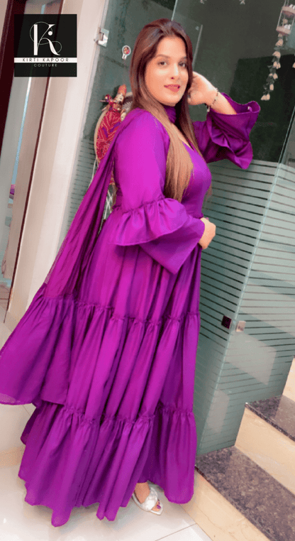Purple Cotton Frock Suit with Designer Dupatta - Kirti Kapoor Couture