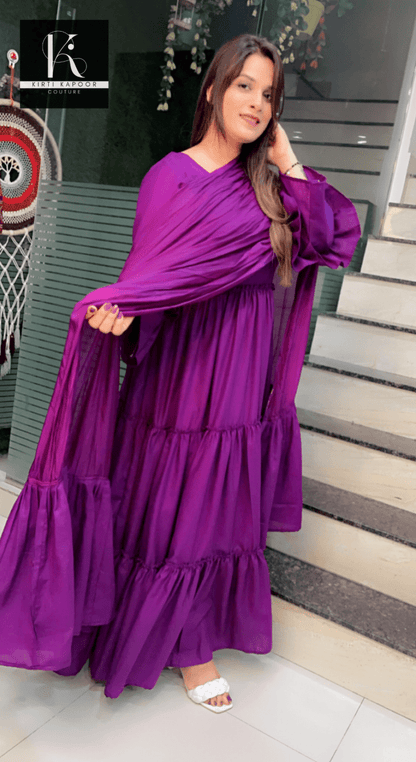 Purple Cotton Frock Suit with Designer Dupatta - Kirti Kapoor Couture