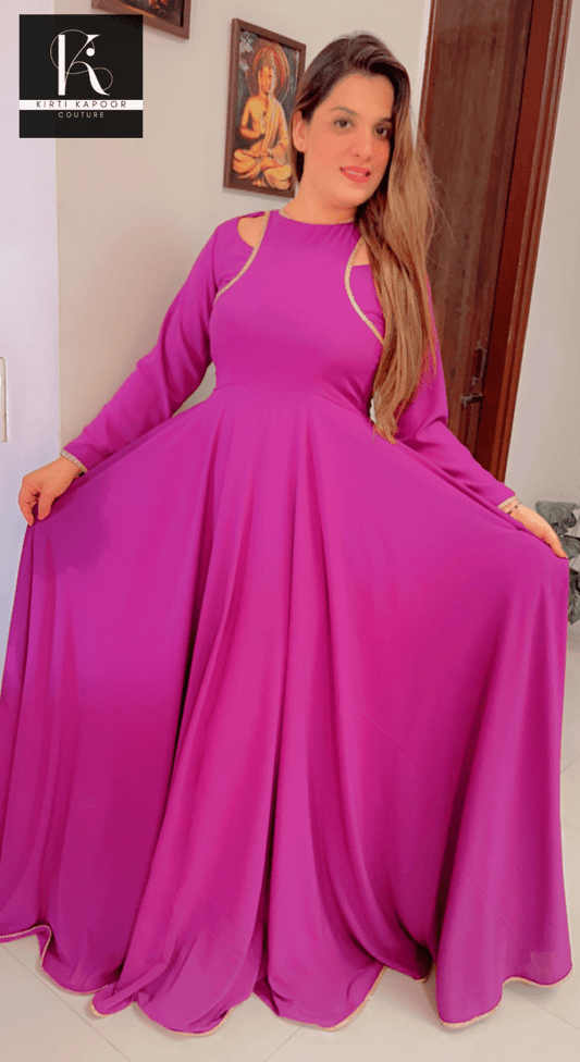 Purple Flairy Gown with a Designer Neck - Kirti Kapoor Couture