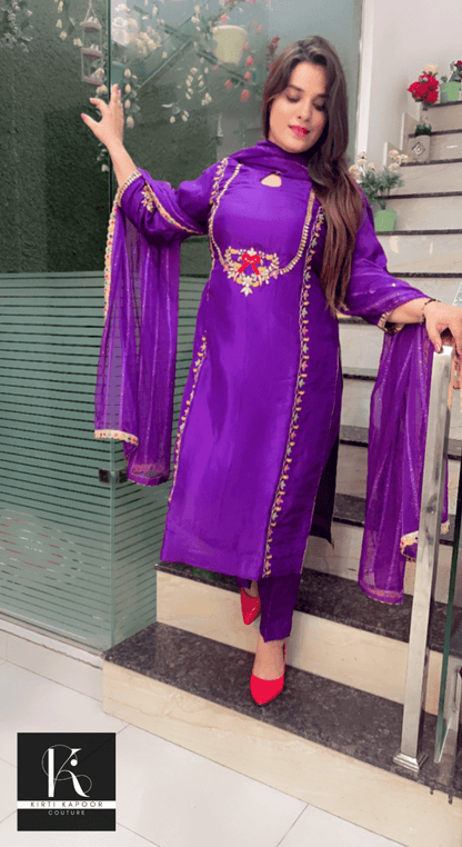 Purple Hand - Embroidered Suit with Organza Sequence Dupatta - Kirti Kapoor Couture