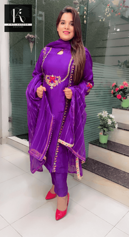 Purple Hand - Embroidered Suit with Organza Sequence Dupatta - Kirti Kapoor Couture