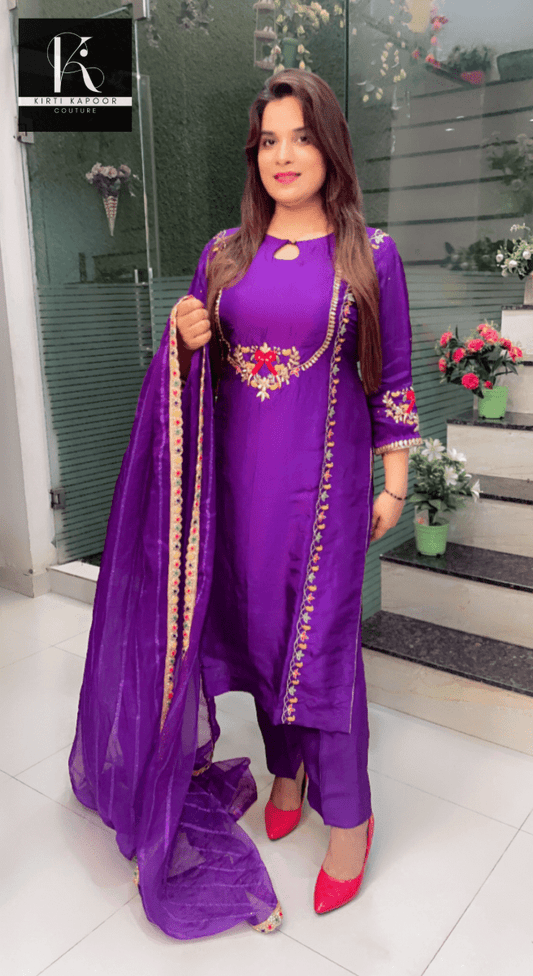 Purple Hand - Embroidered Suit with Organza Sequence Dupatta - Kirti Kapoor Couture
