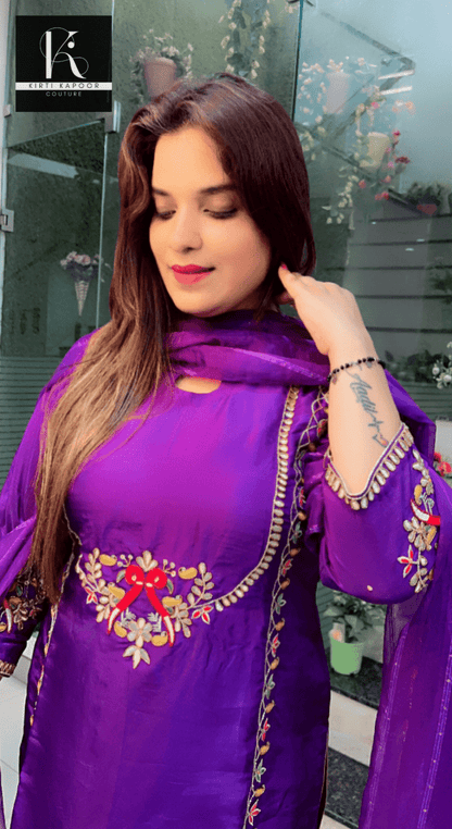 Purple Hand - Embroidered Suit with Organza Sequence Dupatta - Kirti Kapoor Couture