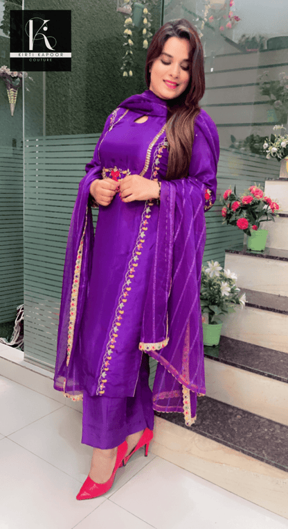 Purple Hand - Embroidered Suit with Organza Sequence Dupatta - Kirti Kapoor Couture