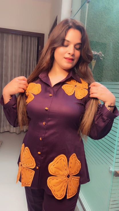 Purple & Orange Embroidered Patch - Work Co - ord Set - Kirti Kapoor Couture