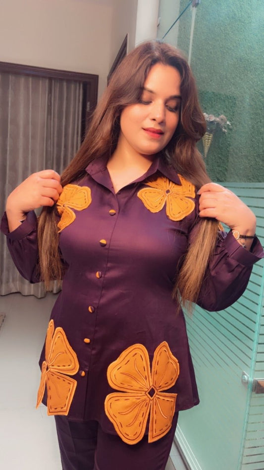 Purple & Orange Embroidered Patch - Work Co - ord Set - Kirti Kapoor Couture