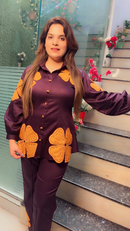 Purple & Orange Embroidered Patch - Work Co - ord Set - Kirti Kapoor Couture