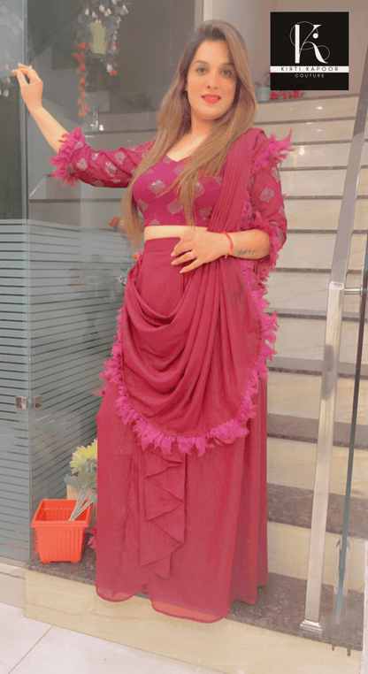 Purple Saree with Overall Feather Lacework - Kirti Kapoor Couture