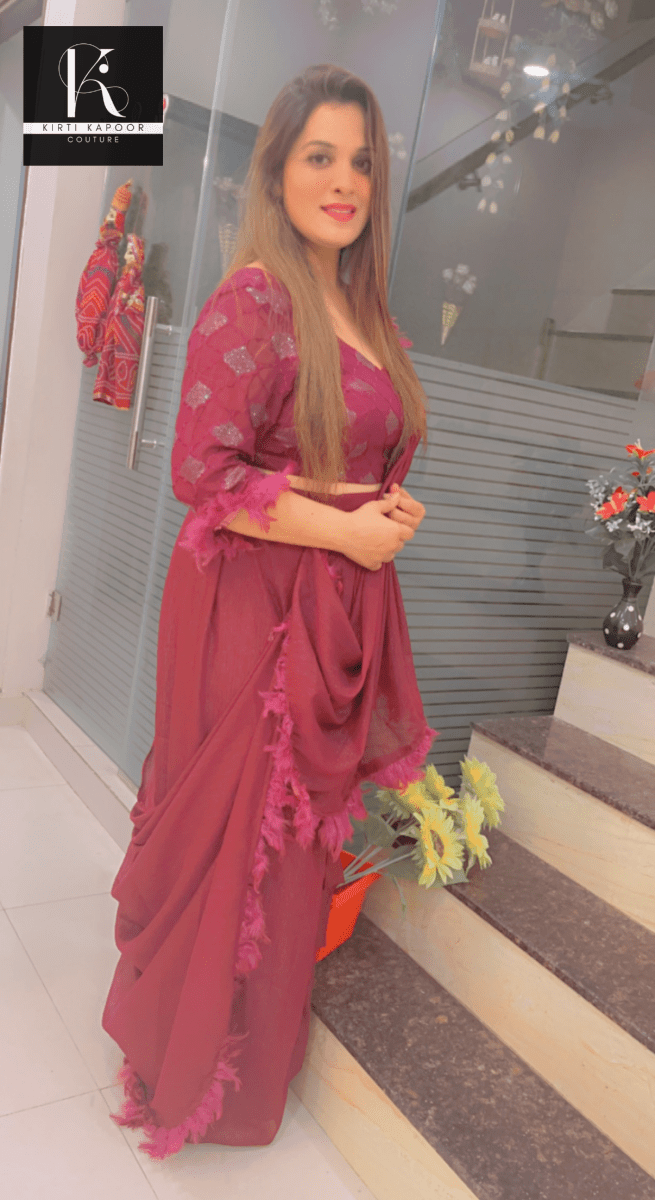 Purple Saree with Overall Feather Lacework - Kirti Kapoor Couture