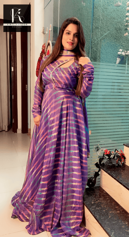 Purple Shimmer Leheriya (Wavy) Gown with Dupatta - Kirti Kapoor Couture