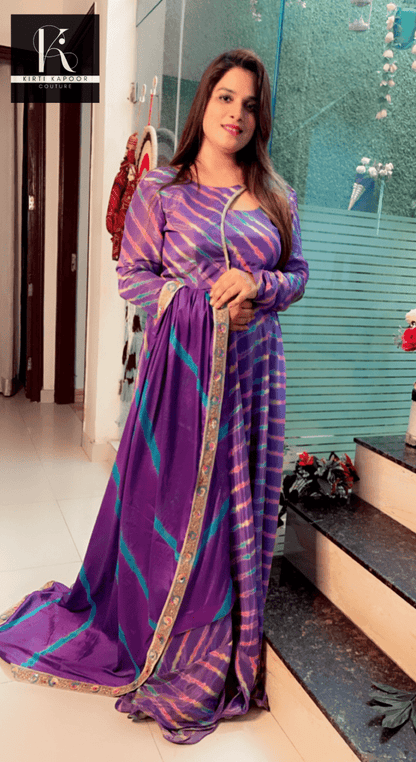 Purple Shimmer Leheriya (Wavy) Gown with Dupatta - Kirti Kapoor Couture