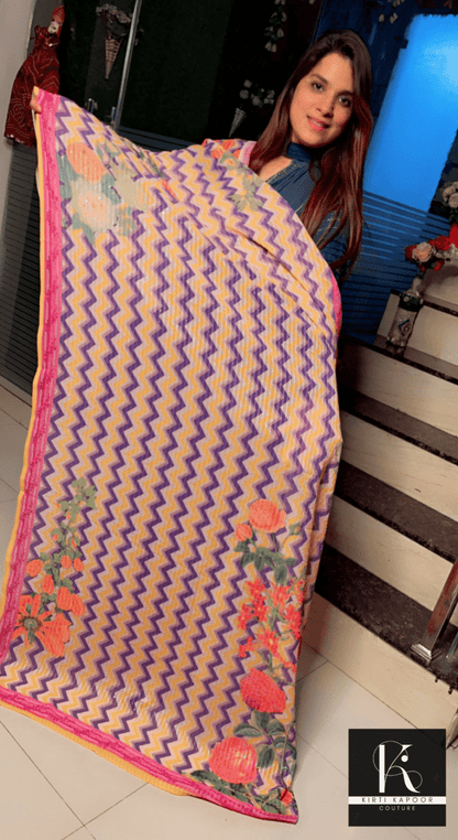 Purple - Yellow Wavy Pattern Dupatta - Kirti Kapoor Couture