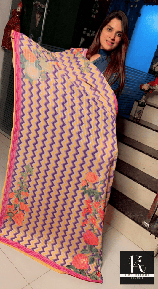 Purple - Yellow Wavy Pattern Dupatta - Kirti Kapoor Couture
