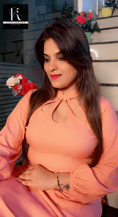 Rayon Peach Cutwork Suit (Designer Neckline) - Kirti Kapoor Couture