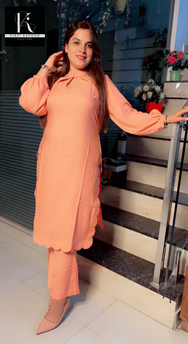 Rayon Peach Cutwork Suit (Designer Neckline) - Kirti Kapoor Couture