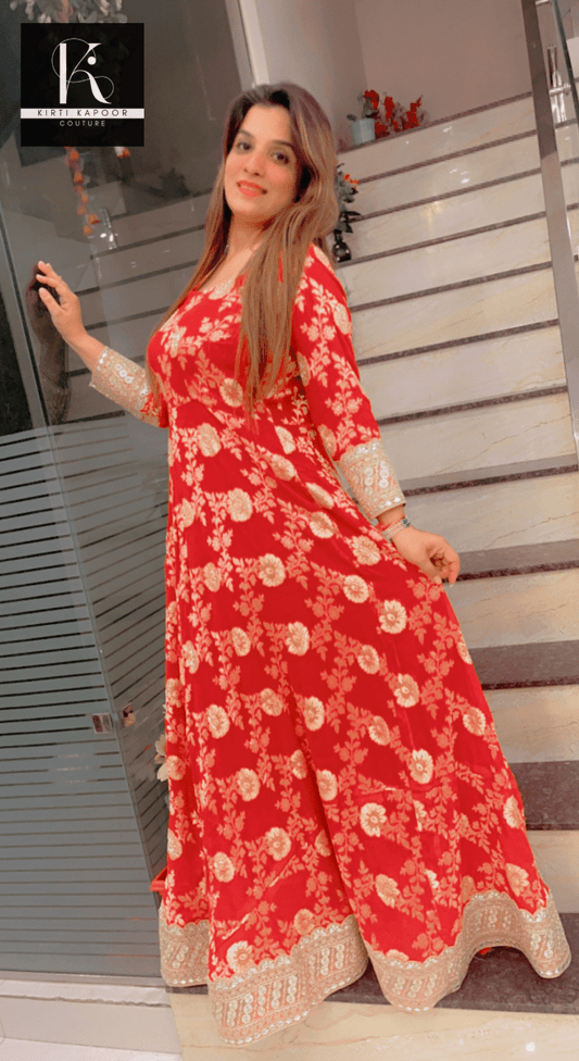 Red Brocade Gown with Heavy Dupatta - Kirti Kapoor Couture