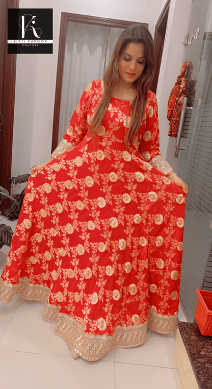 Red Brocade Gown with Heavy Dupatta - Kirti Kapoor Couture