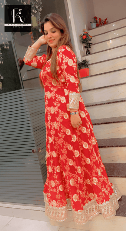 Red Brocade Gown with Heavy Dupatta - Kirti Kapoor Couture