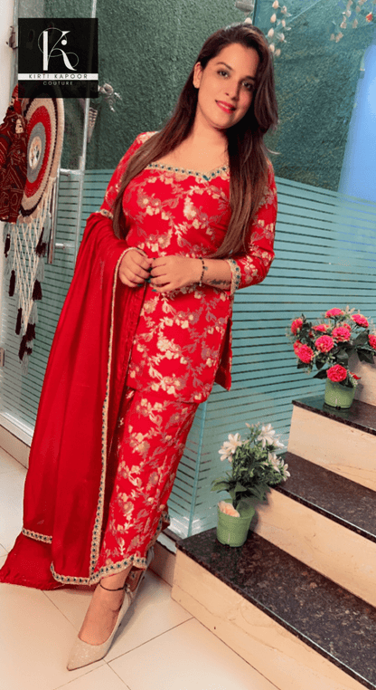 Red Brocade Suit with Cyan - Blue Embroidered Lace - Work - Kirti Kapoor Couture