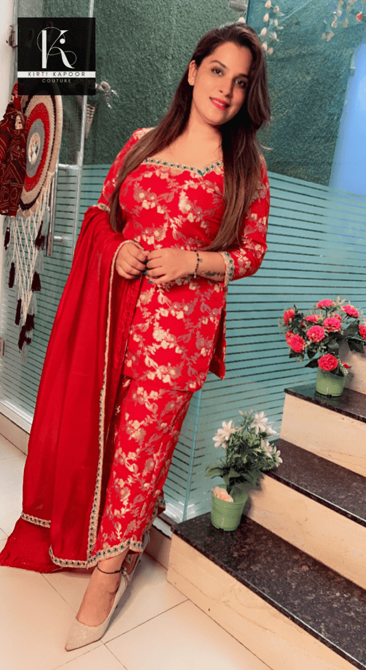 Red Brocade Suit with Cyan - Blue Embroidered Lace - Work - Kirti Kapoor Couture
