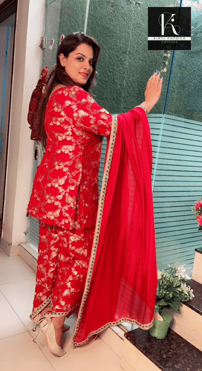 Red Brocade Suit with Cyan - Blue Embroidered Lace - Work - Kirti Kapoor Couture