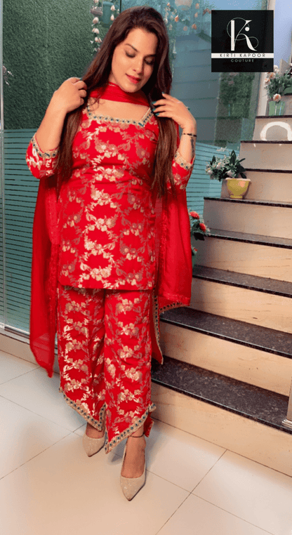 Red Brocade Suit with Cyan - Blue Embroidered Lace - Work - Kirti Kapoor Couture