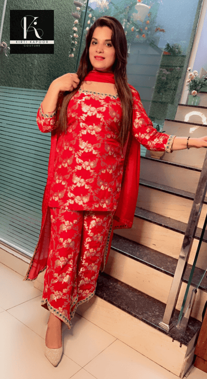 Red Brocade Suit with Cyan - Blue Embroidered Lace - Work - Kirti Kapoor Couture