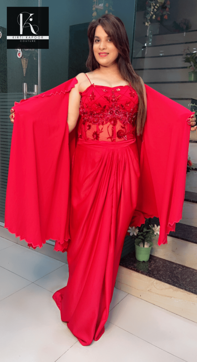 Red Embroidered Drape Dress with Cut - Worked Shrug - Kirti Kapoor Couture