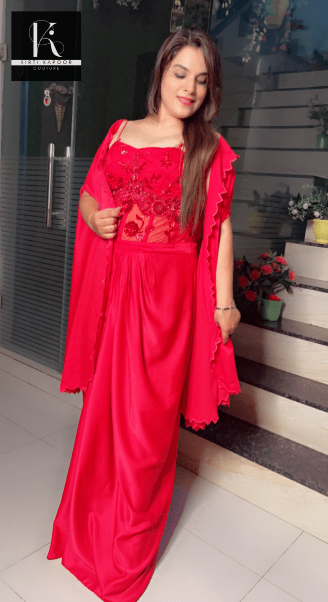 Red Embroidered Drape Dress with Cut - Worked Shrug - Kirti Kapoor Couture
