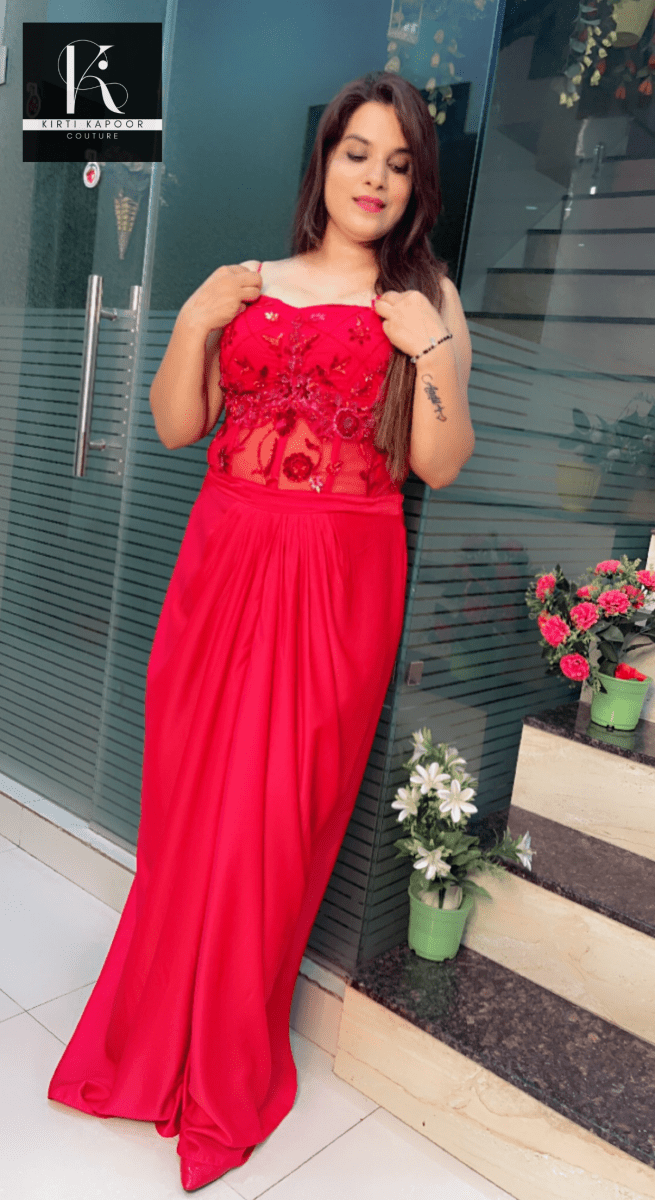 Red Embroidered Drape Dress with Cut - Worked Shrug - Kirti Kapoor Couture