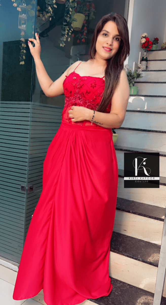 Red Embroidered Drape Dress with Cut - Worked Shrug - Kirti Kapoor Couture