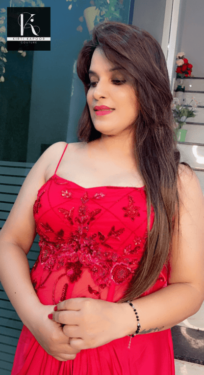 Red Embroidered Drape Dress with Cut - Worked Shrug - Kirti Kapoor Couture