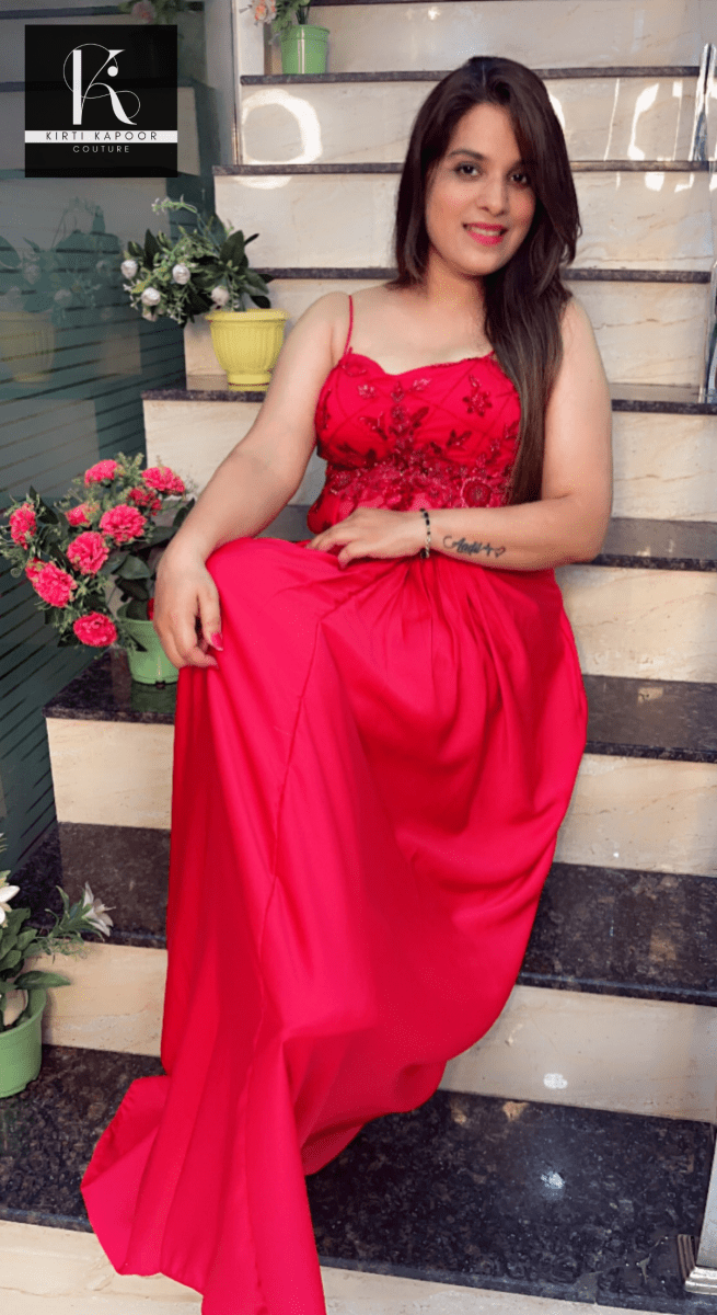 Red Embroidered Drape Dress with Cut - Worked Shrug - Kirti Kapoor Couture