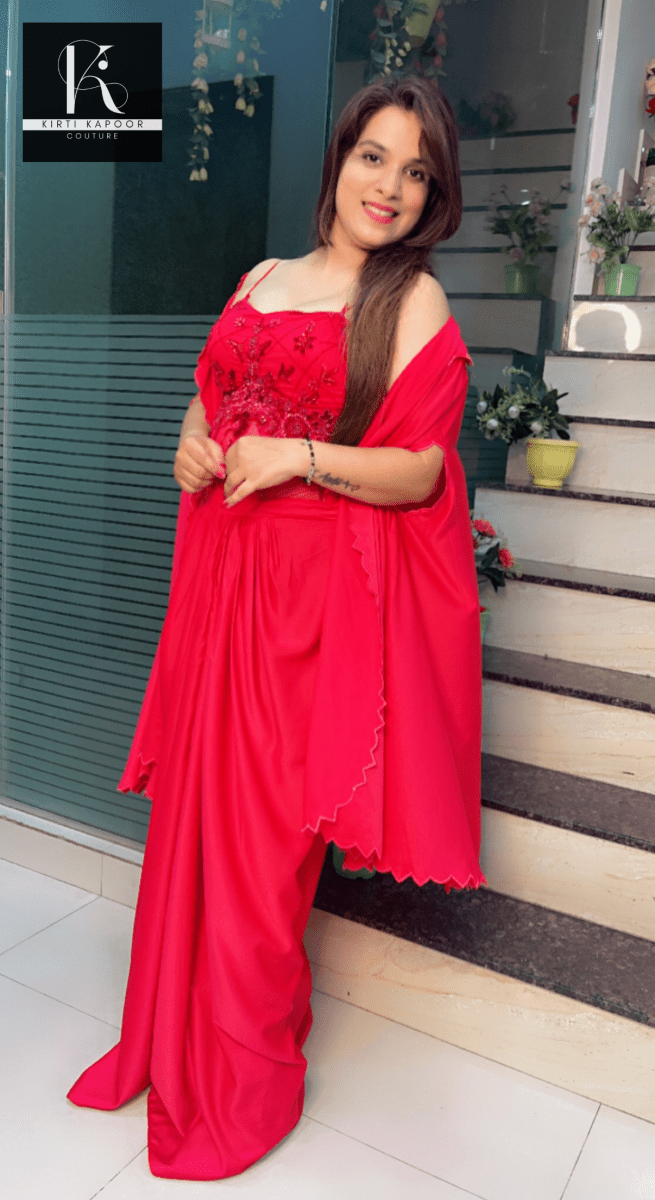 Red Embroidered Drape Dress with Cut - Worked Shrug - Kirti Kapoor Couture
